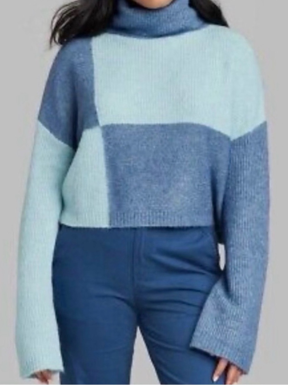 Wild Fable Women's Cropped Turtleneck Pullover Sweater XXL BLUE COLOR BLOCK